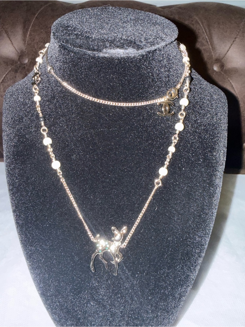 CHANEL Crystal Pearl Bambi motif Pendant Necklace with crystals Green Black Gold